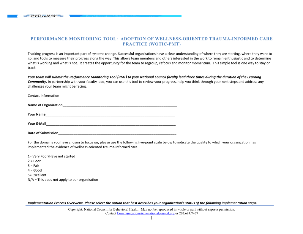 Performance Monitoring Tool: Adoption of Wellness-Oriented Trauma-Informed Care Practice