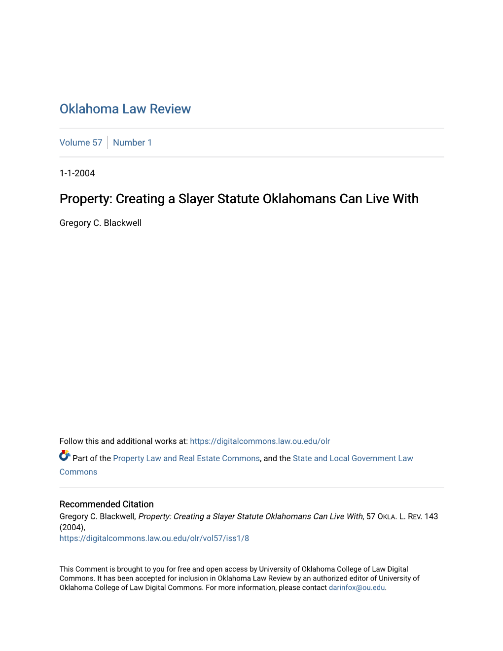 Property: Creating a Slayer Statute Oklahomans Can Live With