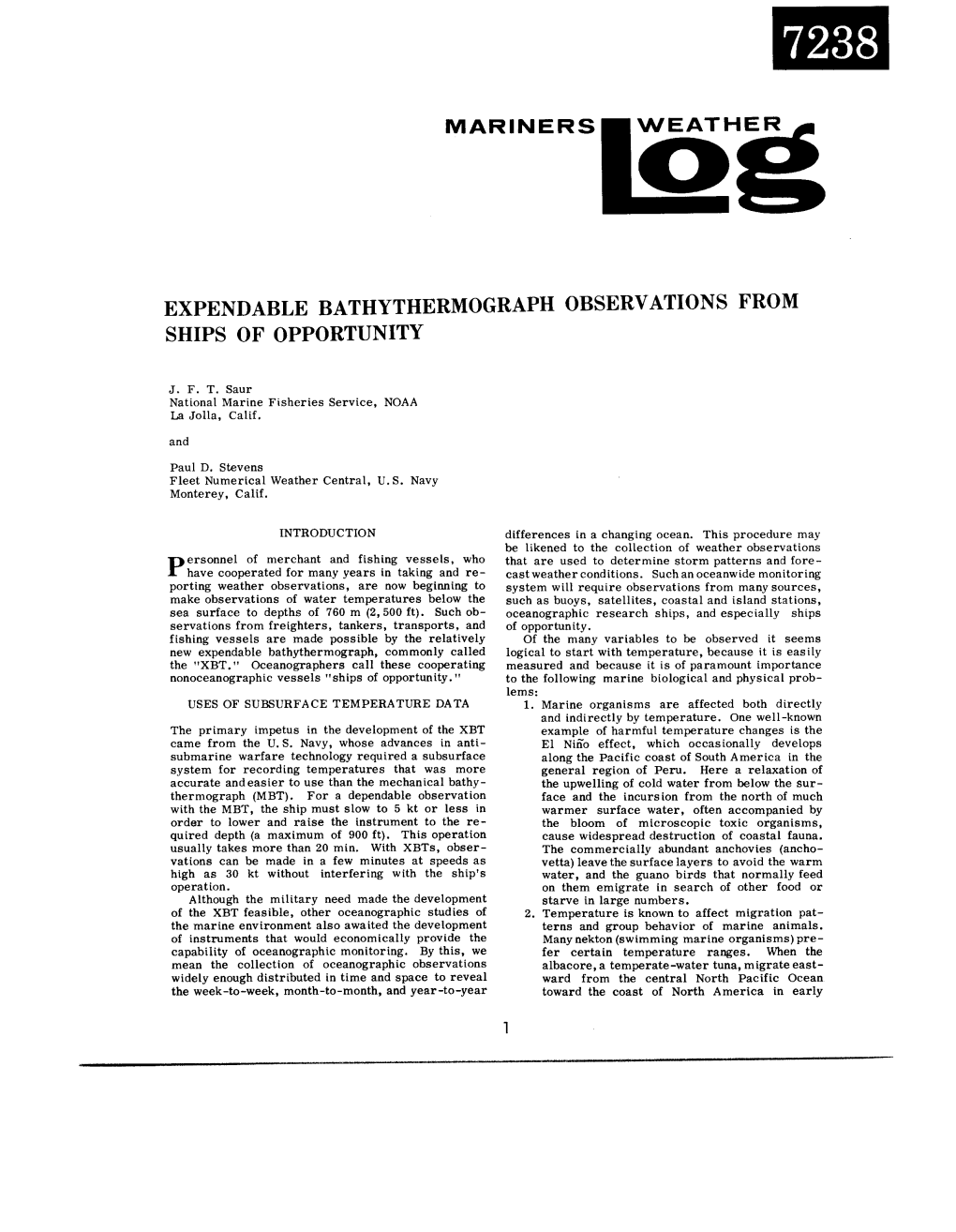 Expendable Bathythermograph Observations from Ships of Opportunity