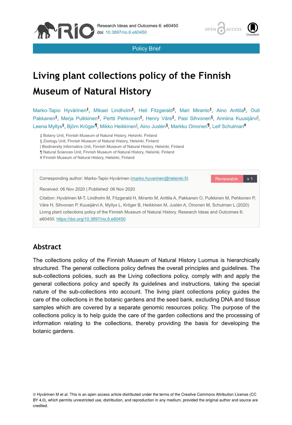Living Plant Collections Policy of the Finnish Museum of Natural History