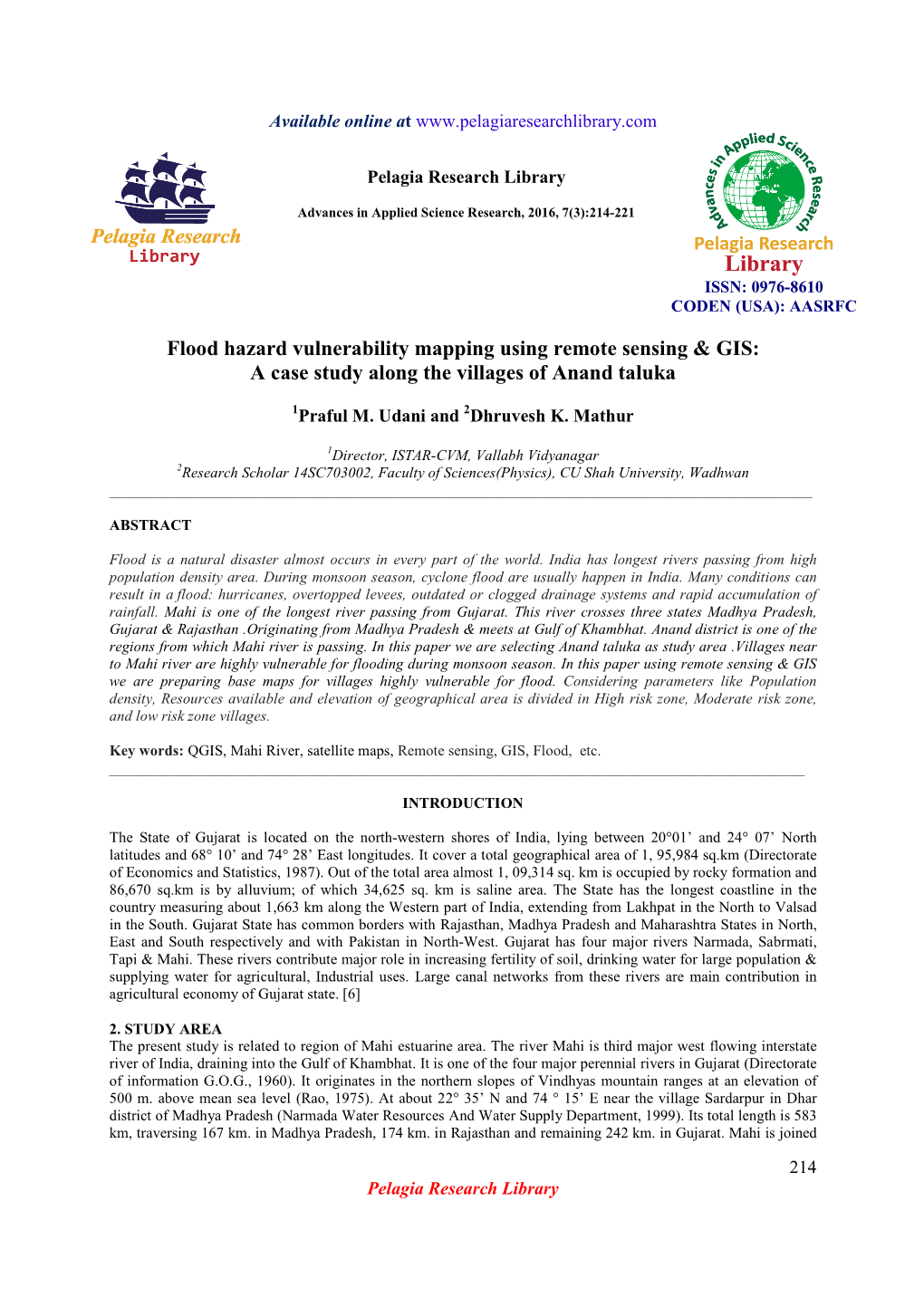 Flood Hazard Vulnerability Mapping Using Remote Sensing & GIS: a Case Study Along the Villages of Anand Taluka