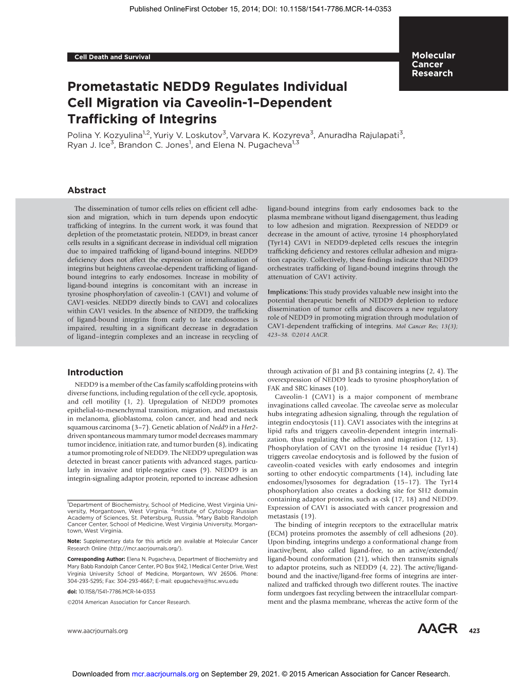 Prometastatic NEDD9 Regulates Individual Cell Migration Via Caveolin-1–Dependent Trafﬁcking of Integrins Polina Y