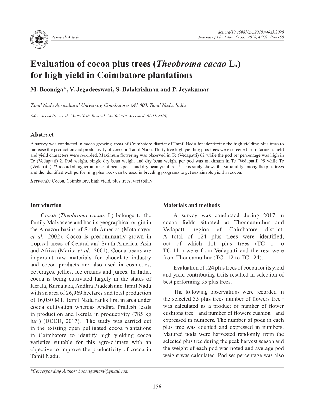 Evaluation of Cocoa Plus Trees (Theobroma Cacao L.) for High Yield in Coimbatore Plantations M