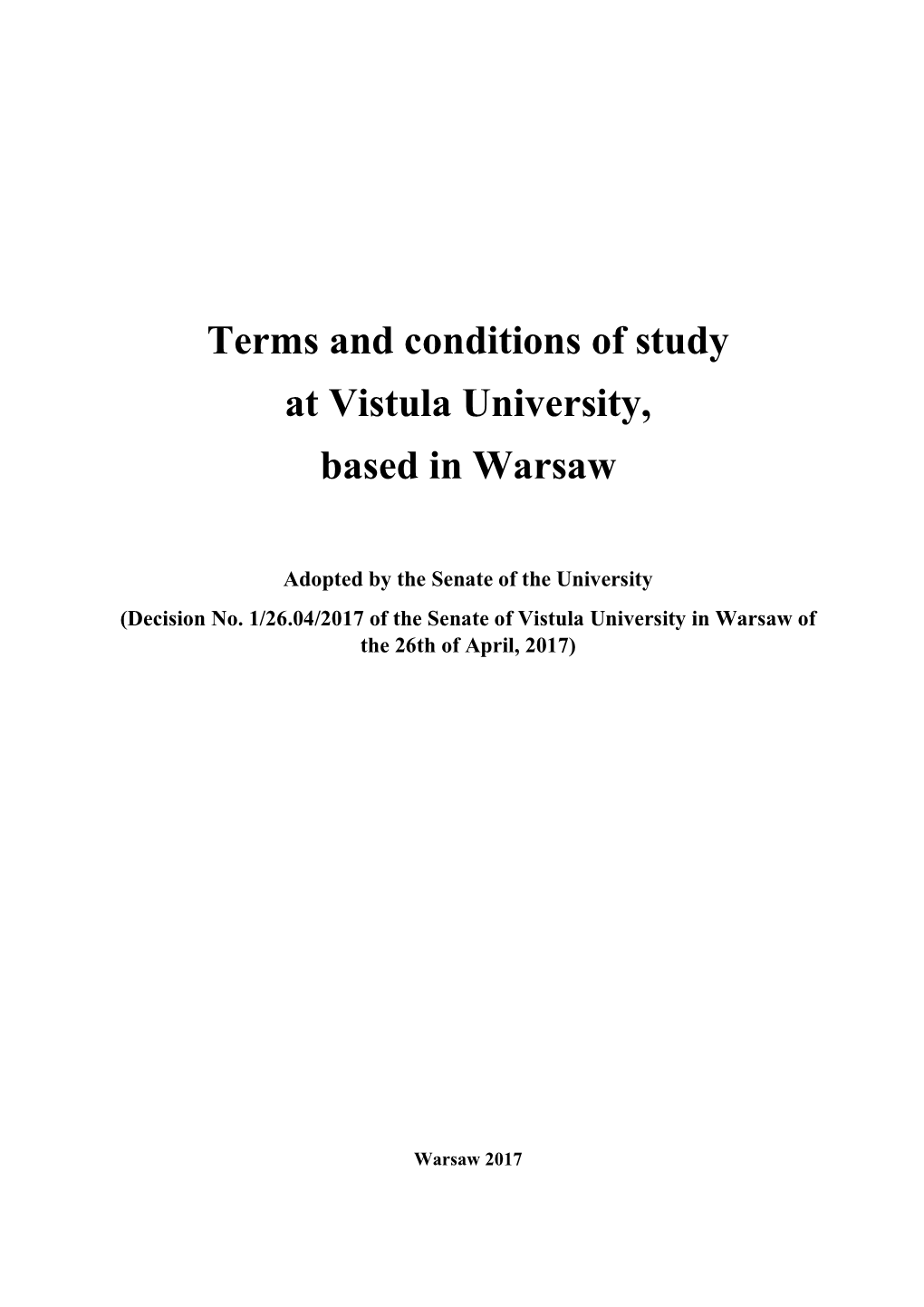 Terms and Conditions of Study at Vistula University, Based in Warsaw