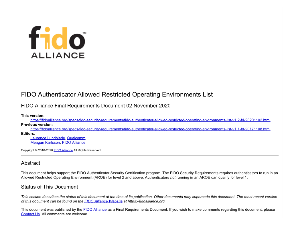 FIDO Authenticator Allowed Restricted Operating Environments List