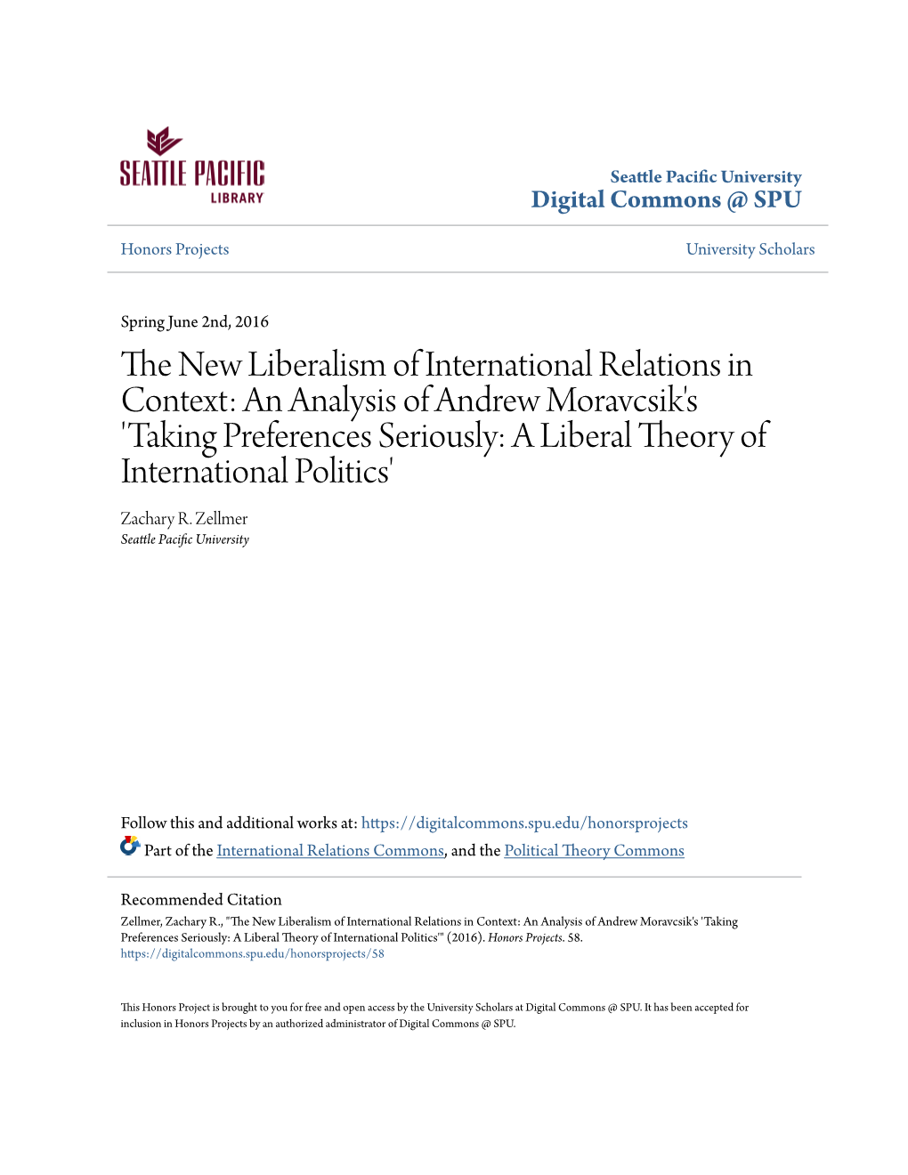 The New Liberalism of International Relations in Context: an Analysis Of