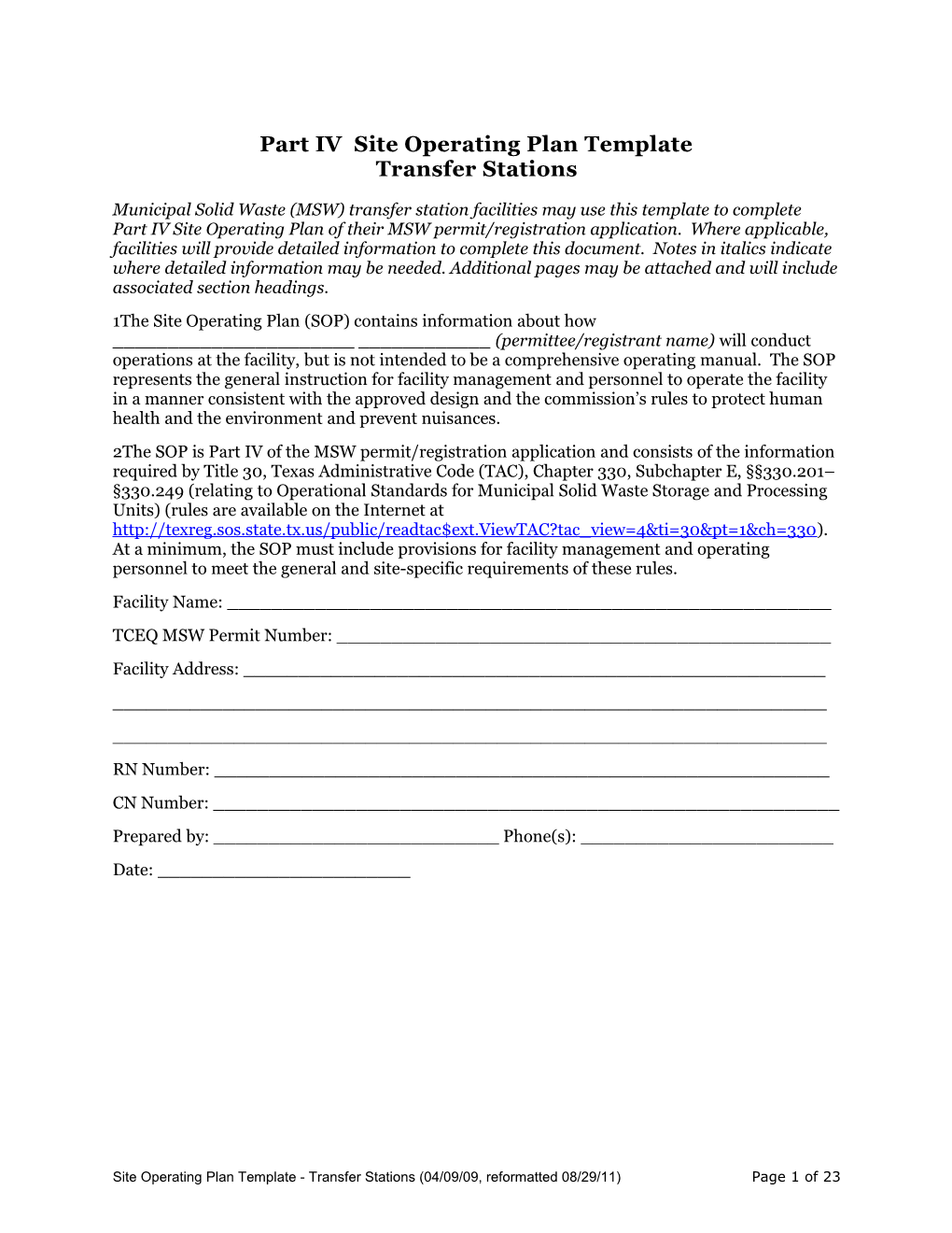 Part IV Site Operating Plan Template Transfer Stations