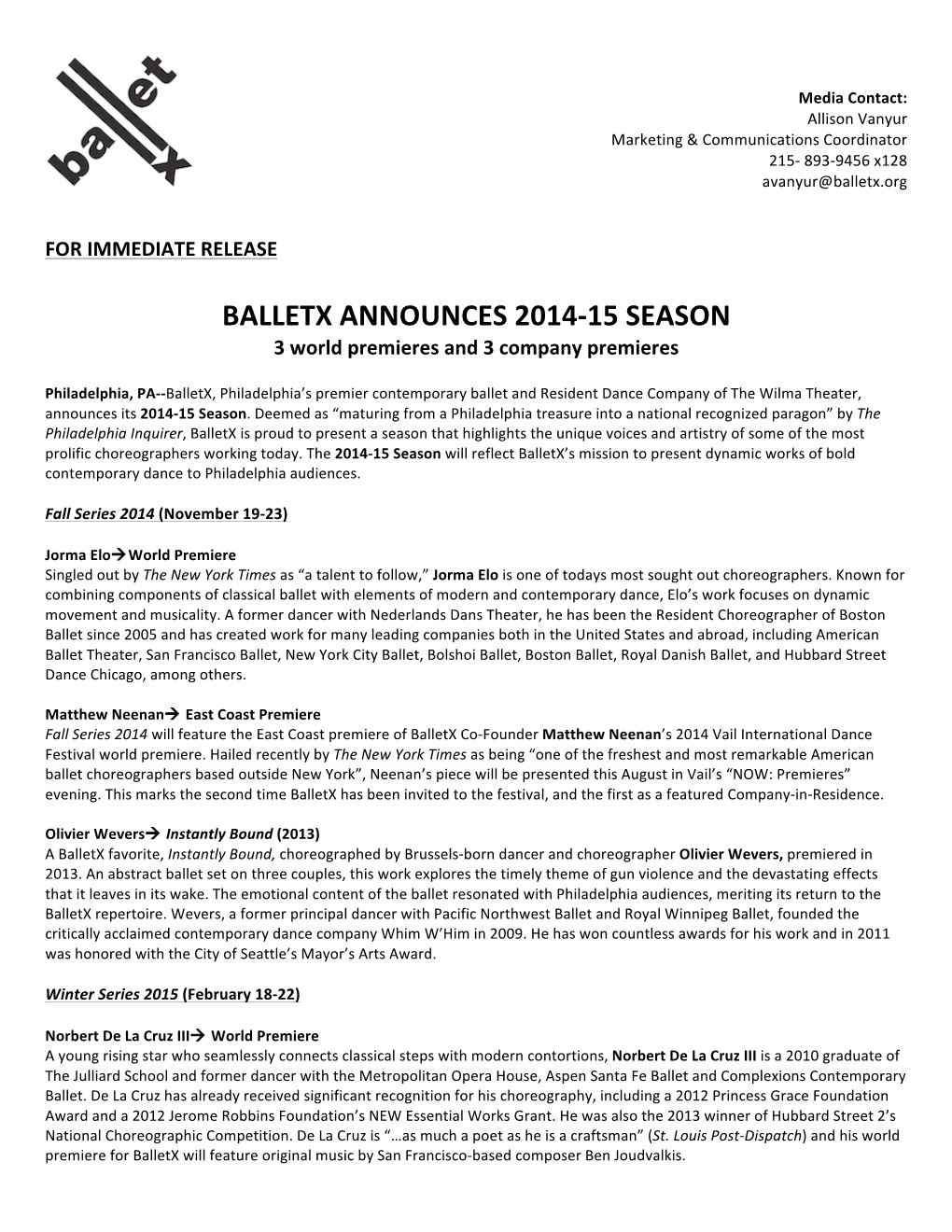 Balletx Announces 2014-‐15 Season