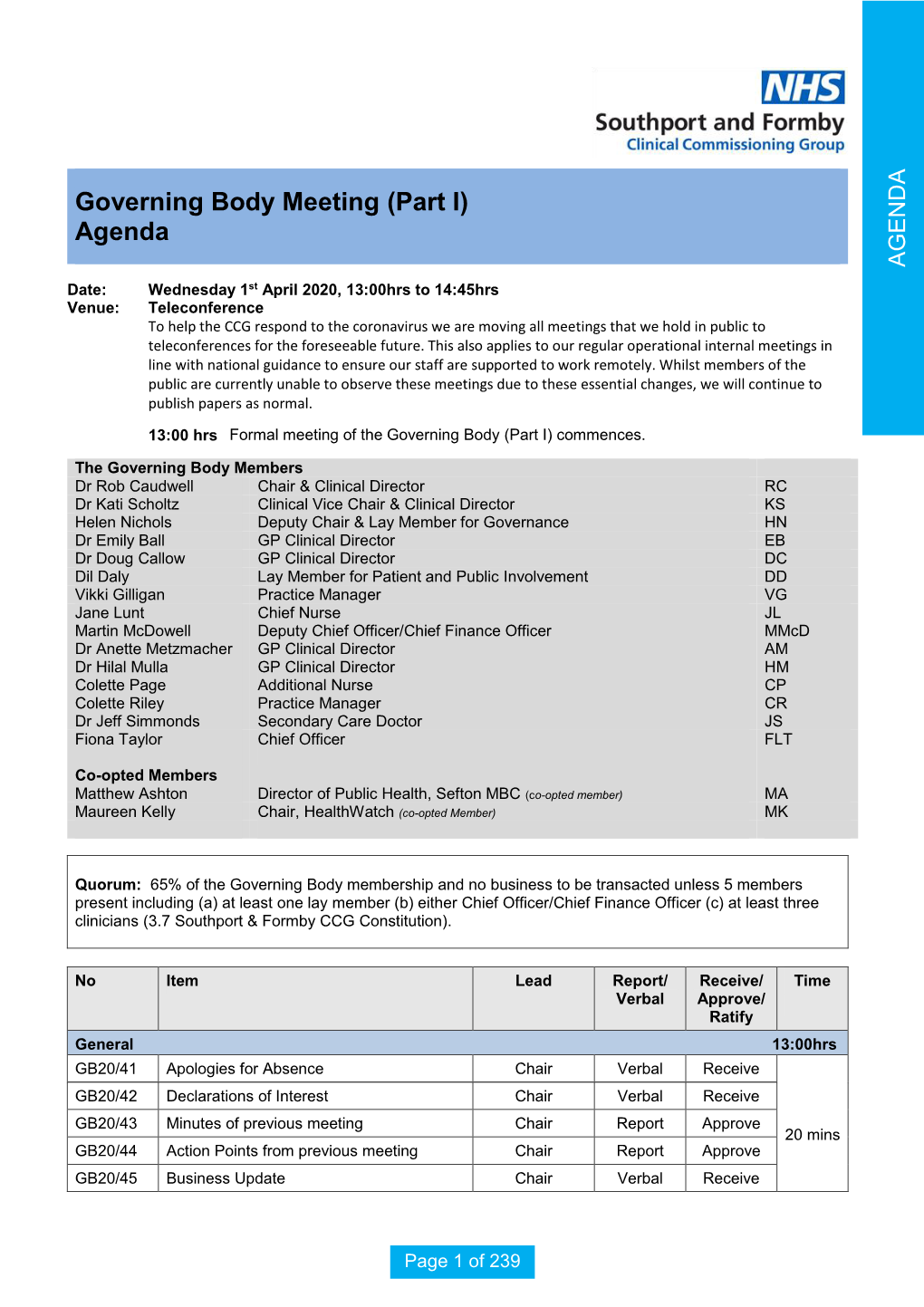 Governing Body Meeting (Part I) Agenda