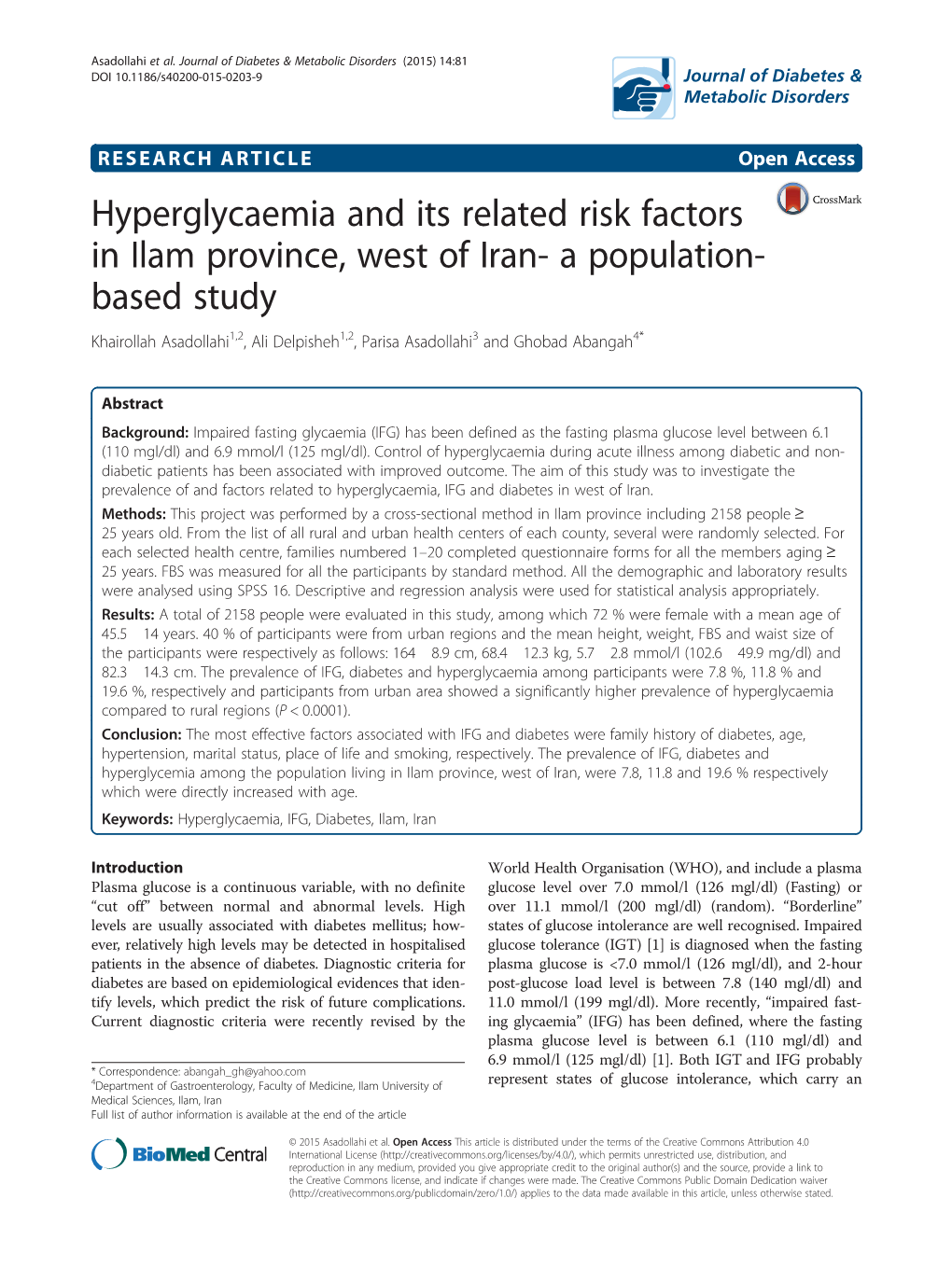 Hyperglycaemia and Its Related Risk Factors in Ilam Province, West of Iran