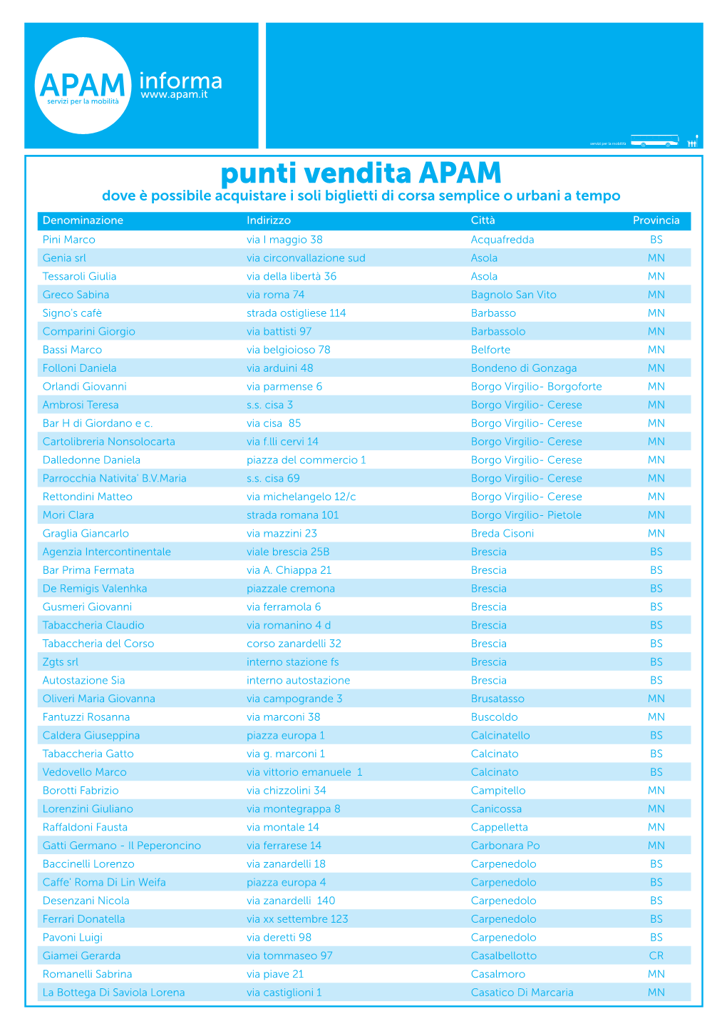 Punti Vendita APAM Dove È Possibile Acquistare I Soli Biglietti Di Corsa Semplice O Urbani a Tempo
