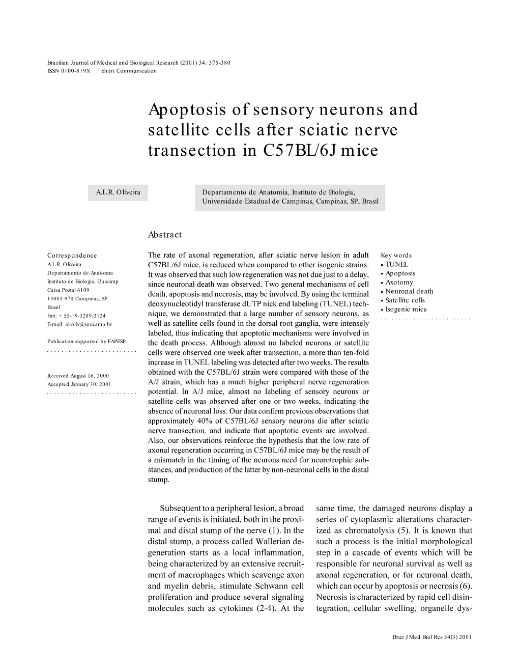 Apoptosis of Sensory Neurons and Satellite Cells After Sciatic Nerve Transection in C57BL/6J Mice