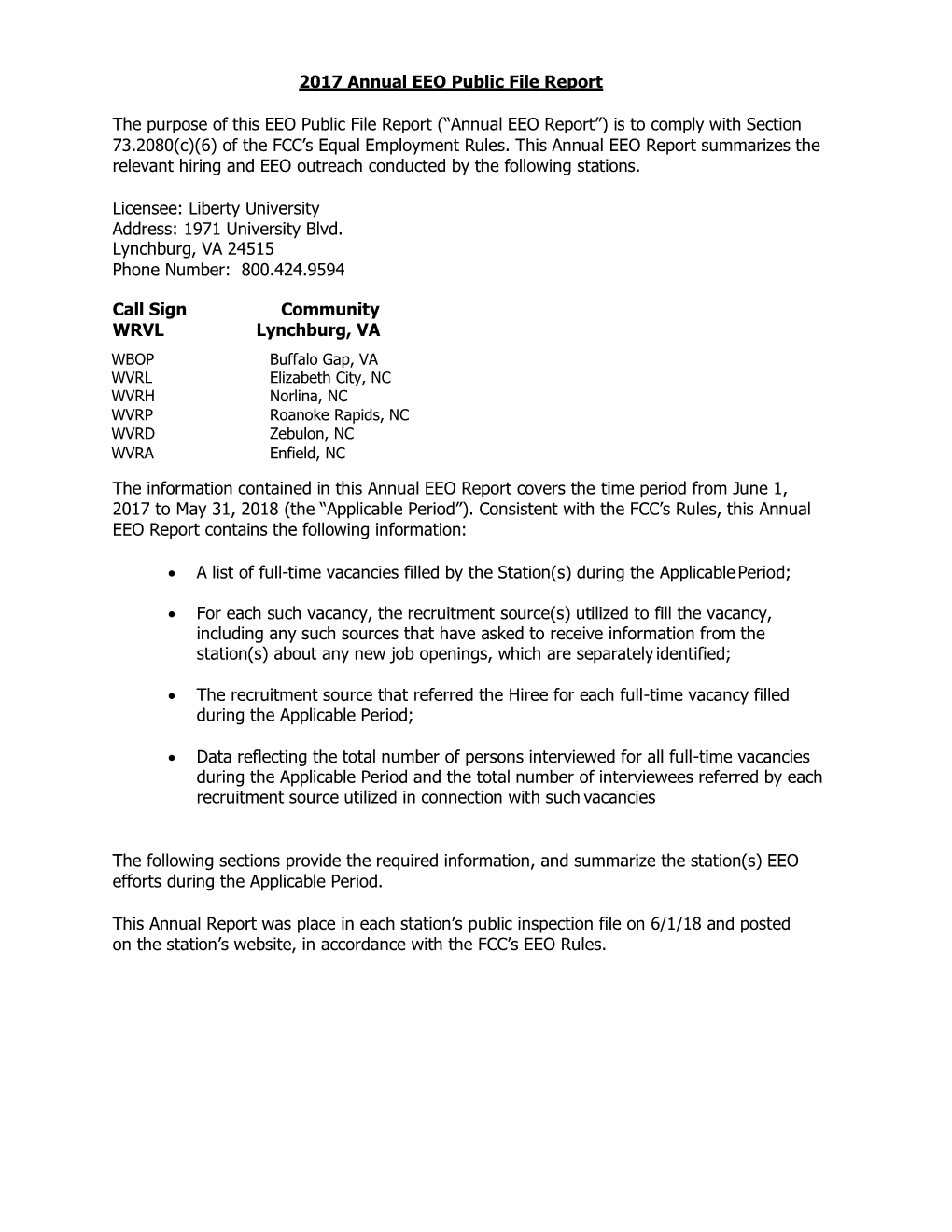 Annual EEO Report”) Is to Comply with Section 73.2080(C)(6) of the FCC’S Equal Employment Rules