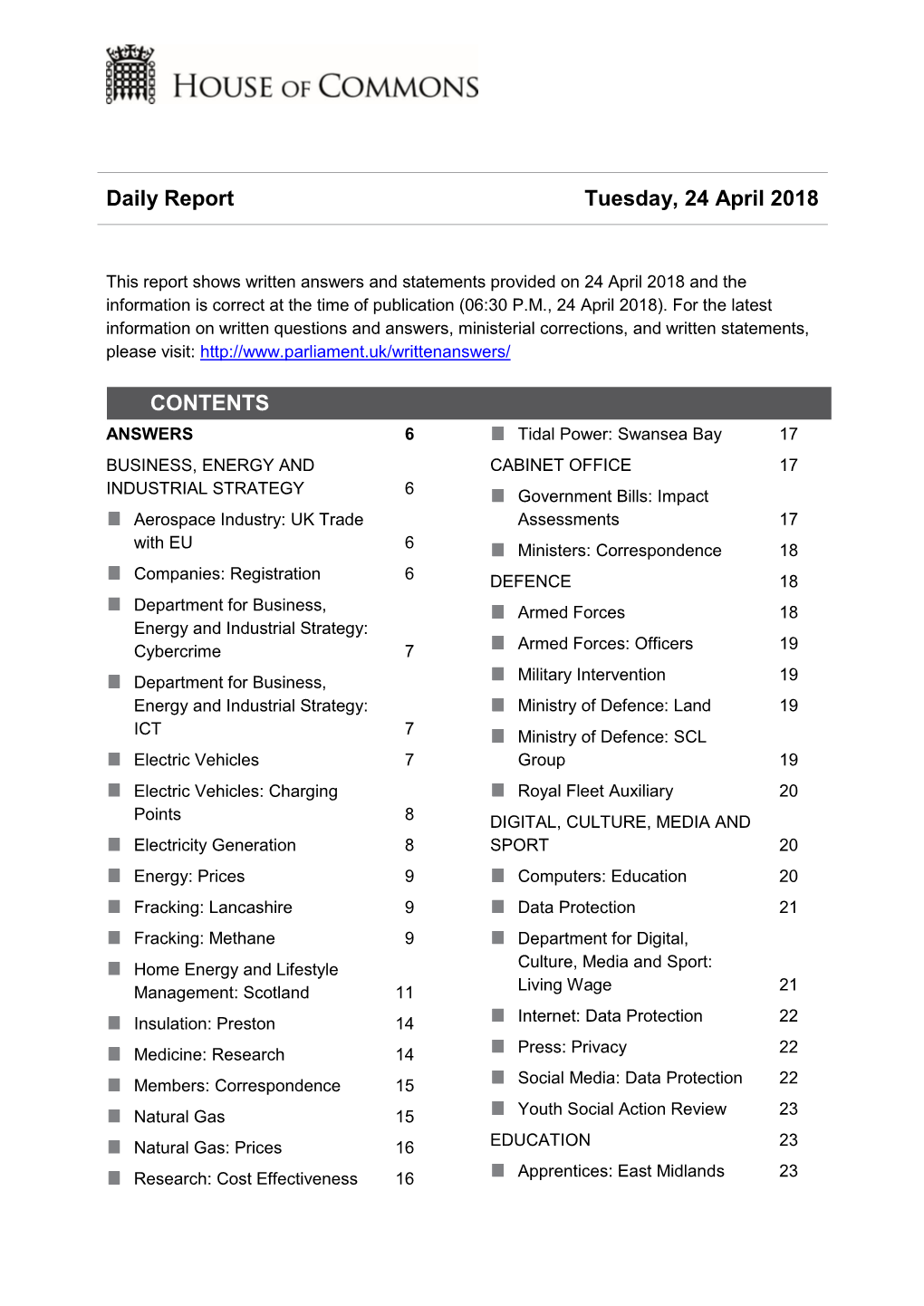 Daily Report Tuesday, 24 April 2018 CONTENTS