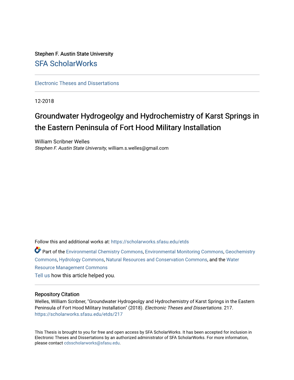 Groundwater Hydrogeolgy and Hydrochemistry of Karst Springs in the Eastern Peninsula of Fort Hood Military Installation