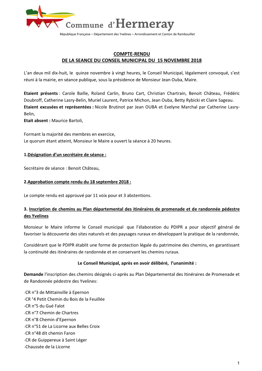 Compte-Rendu De La Seance Du Conseil Municipal Du 15 Novembre 2018