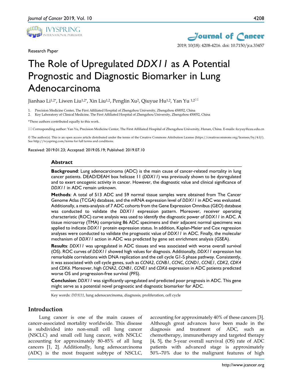 The Role of Upregulated DDX11 As a Potential Prognostic and Diagnostic