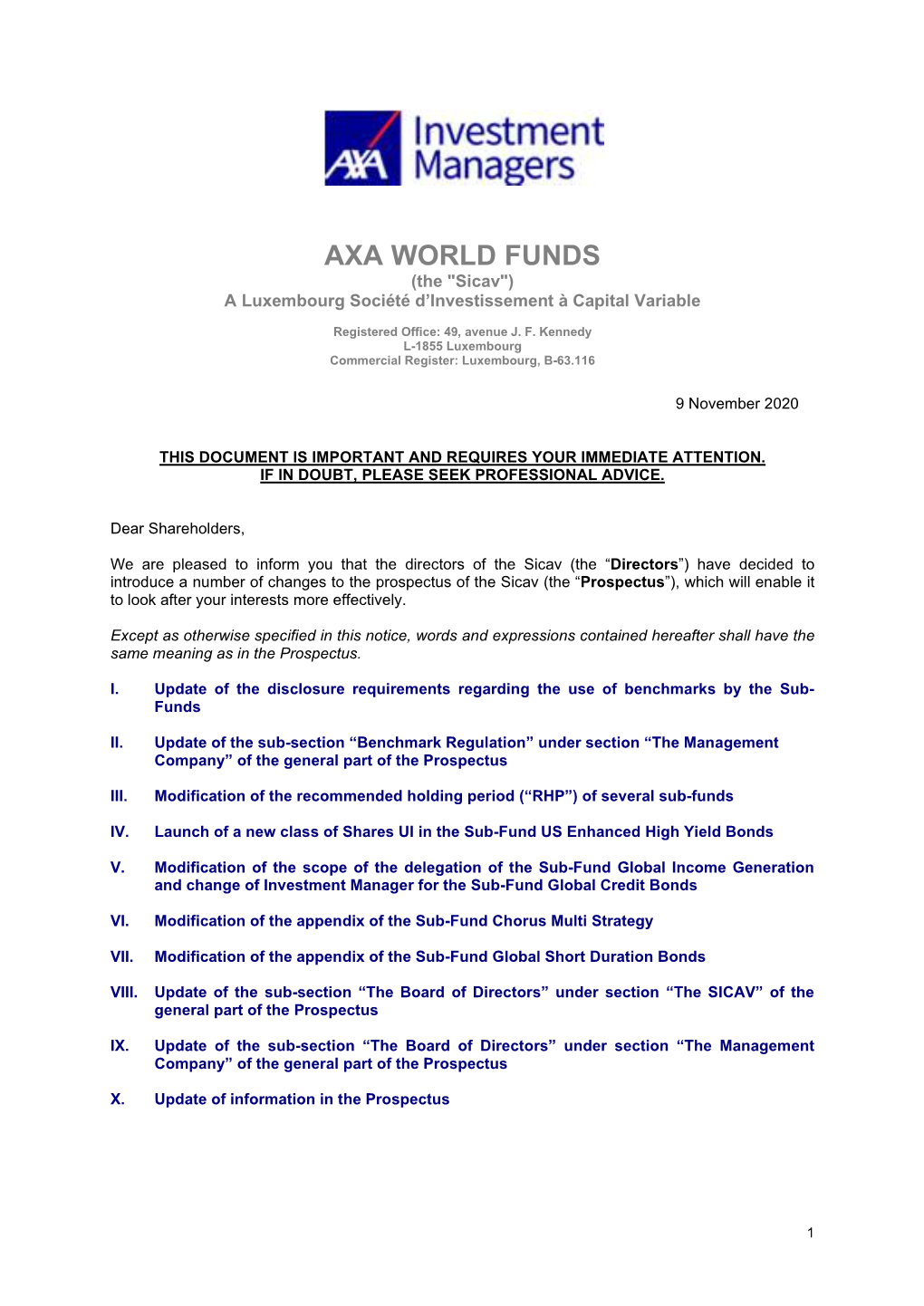 AXA WORLD FUNDS (The "Sicav") a Luxembourg Société D’Investissement À Capital Variable
