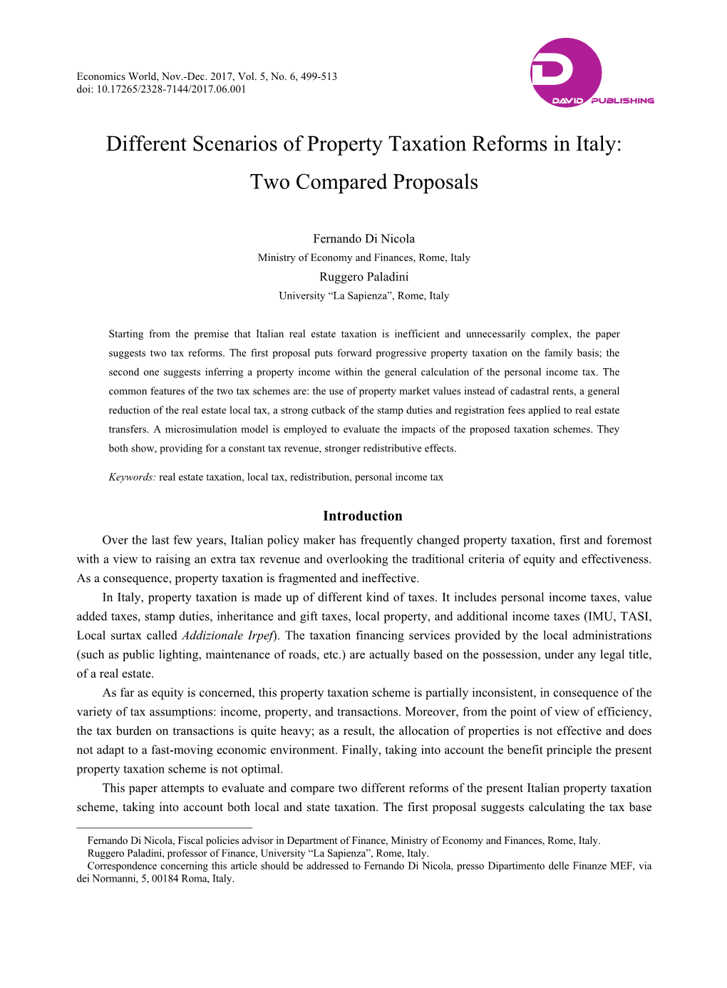 Different Scenarios of Property Taxation Reforms in Italy: Two Compared Proposals