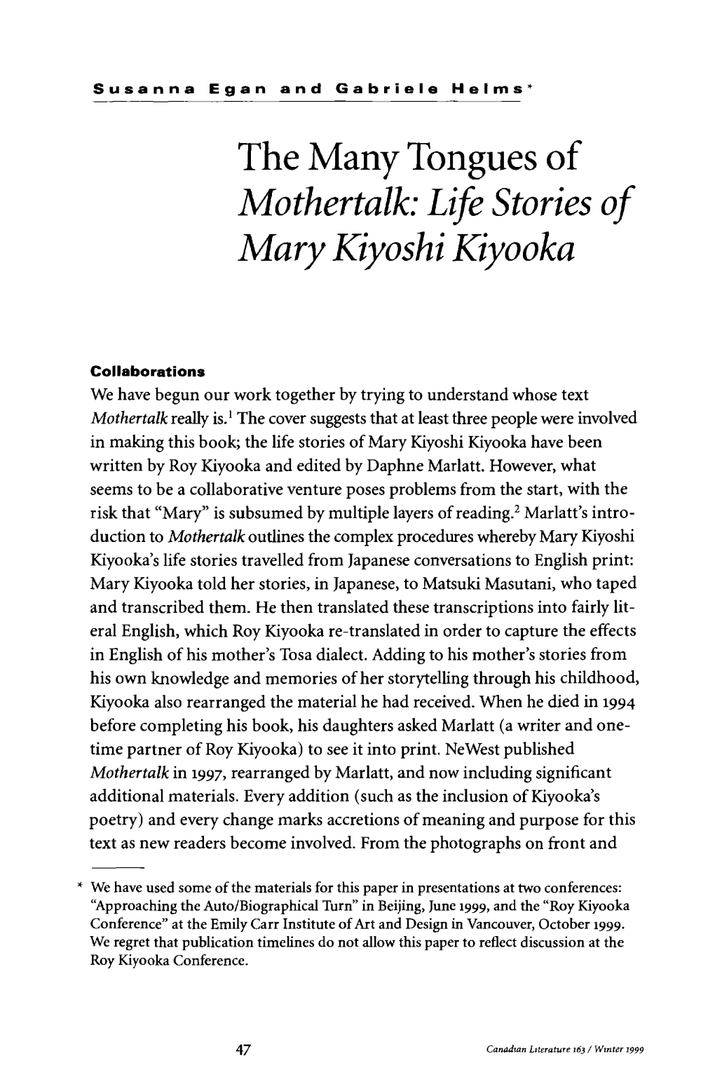 The Many Tongues of Mothertalk: Life Stories of Mary Kiyoshi Kiyooka