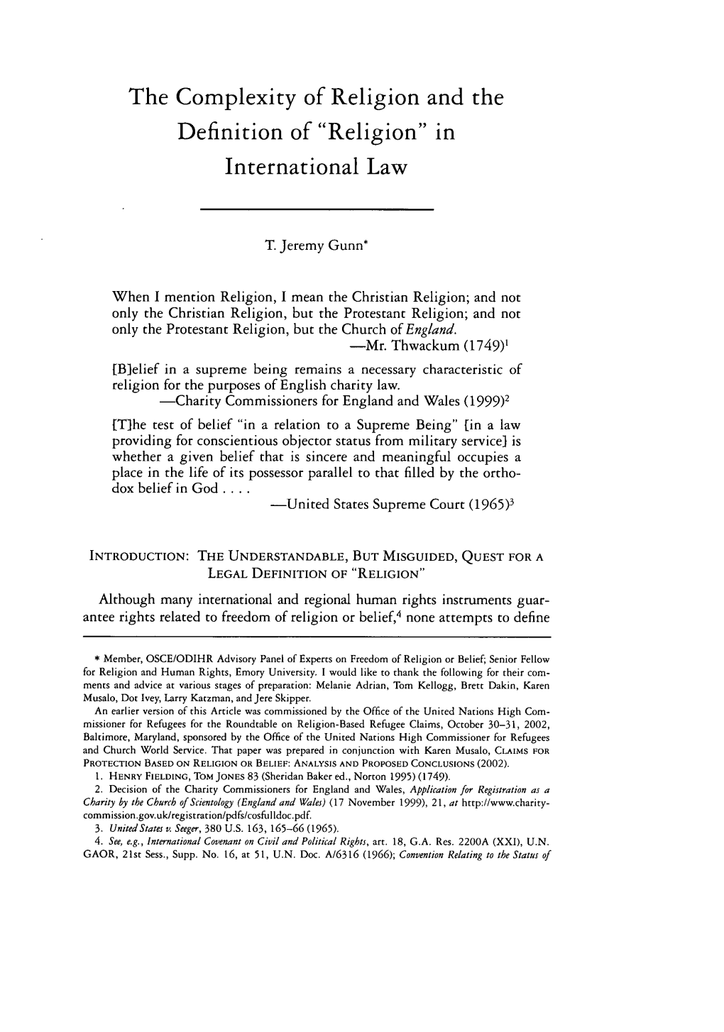 Religion and the Definition of "Religion" in International Law
