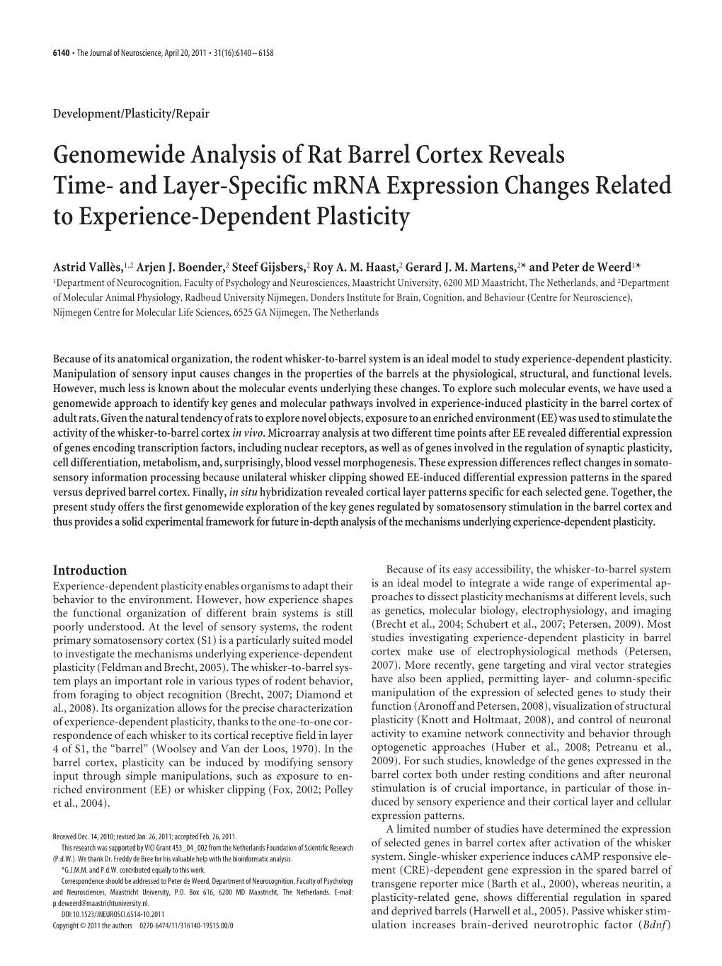 Genomewide Analysis of Rat Barrel Cortex Reveals Time- and Layer-Specific Mrna Expression Changes Related to Experience-Dependent Plasticity