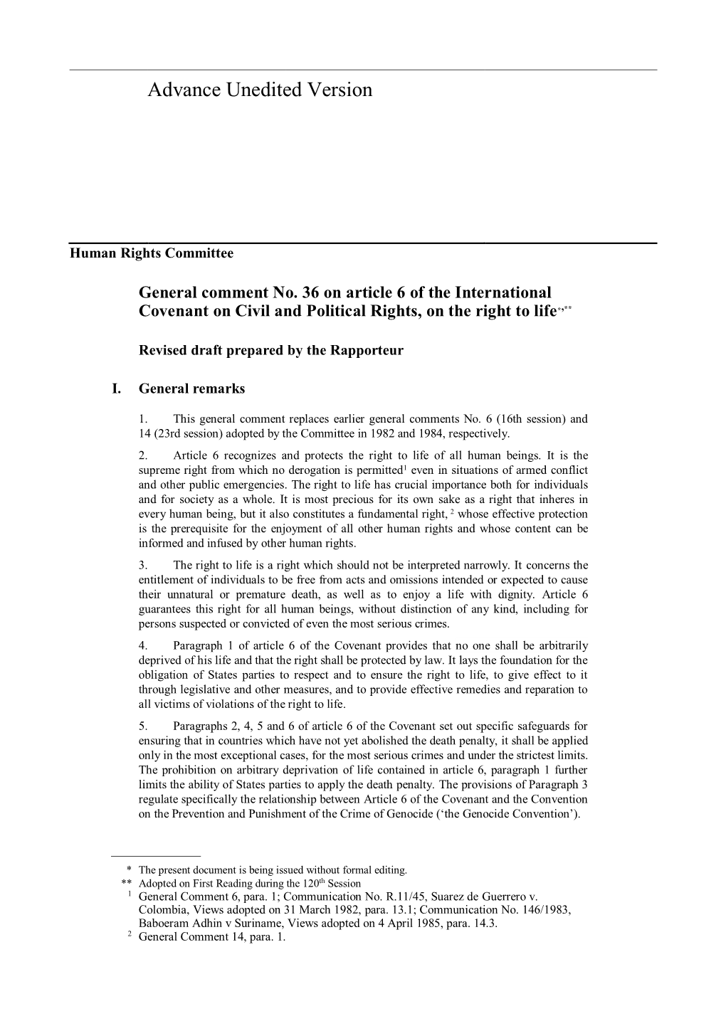 General Comment No. 36 on Article 6 of the International Covenant on Civil and Political Rights, on the Right to Life*,**