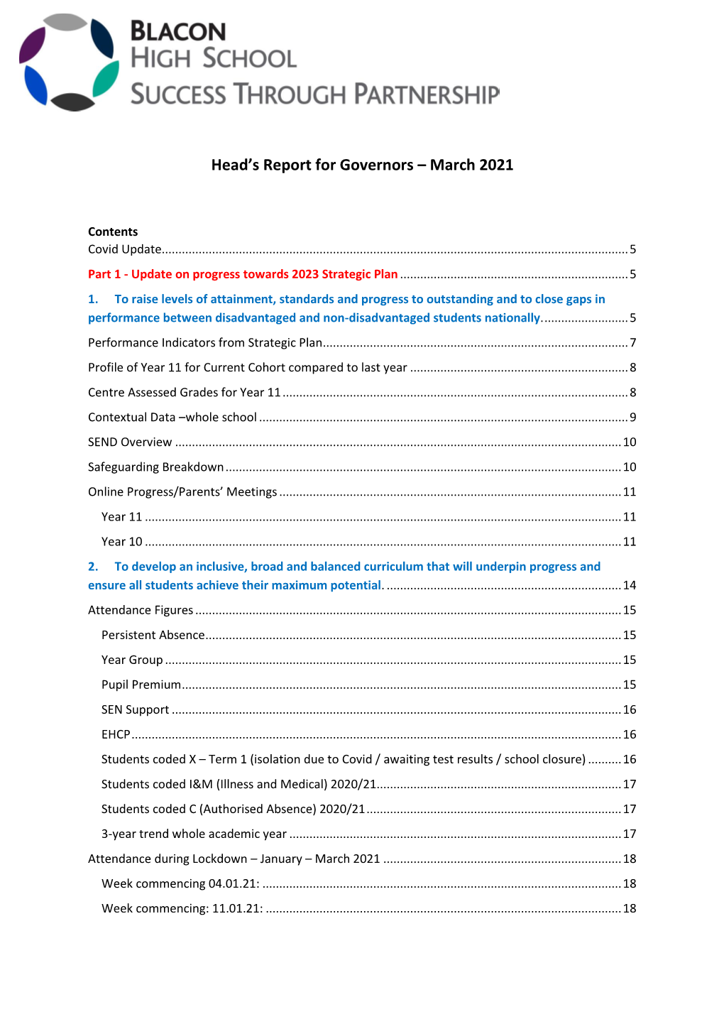 Head's Report for Governors – March 2021