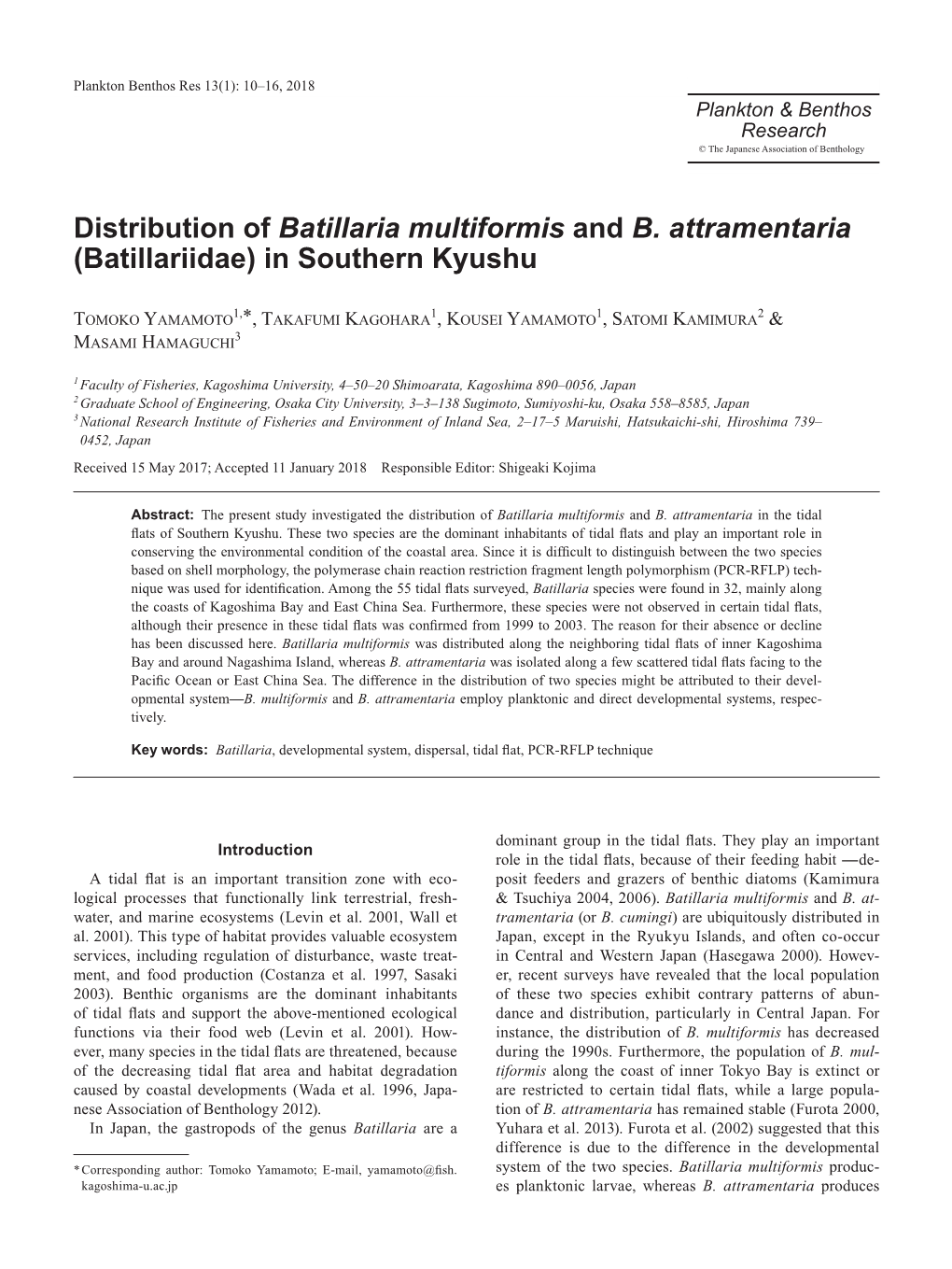 Distribution of Batillaria Multiformis and B. Attramentaria (Batillariidae) in Southern Kyushu