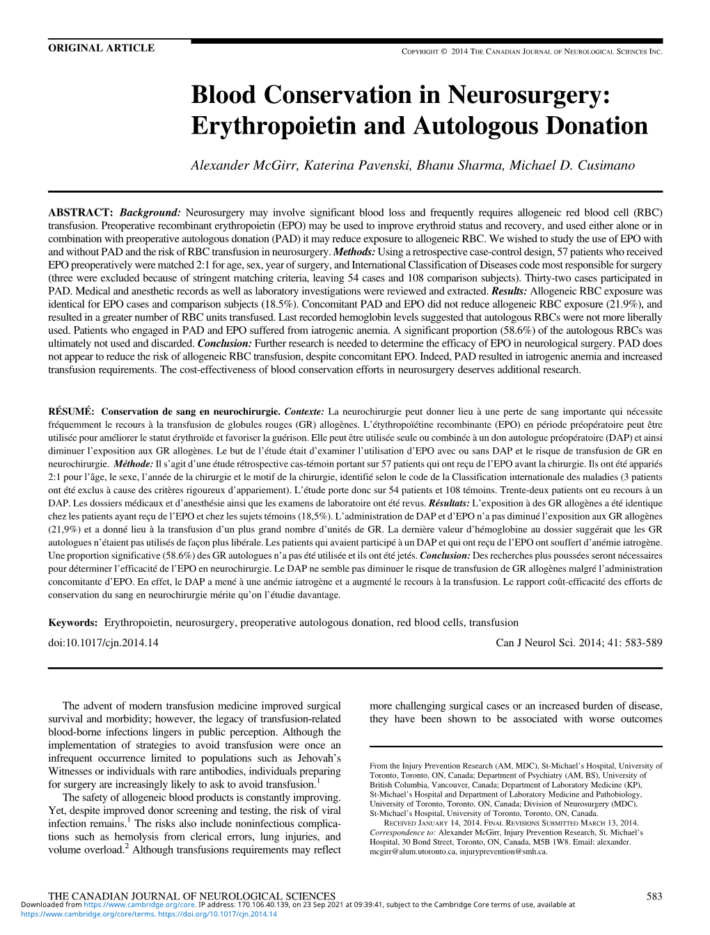 Blood Conservation in Neurosurgery: Erythropoietin and Autologous Donation