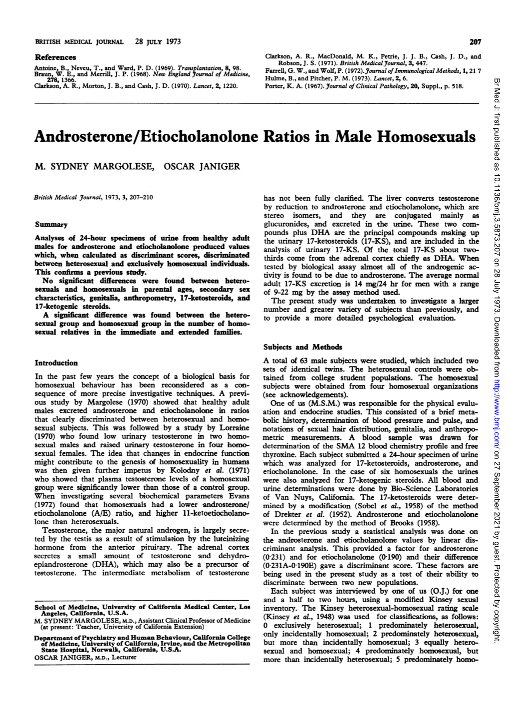 Androsterone/Etiocholanolone Ratios in Male Homosexuals