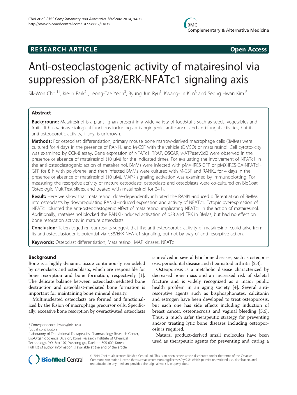 Anti-Osteoclastogenic Activity of Matairesinol Via Suppression of P38