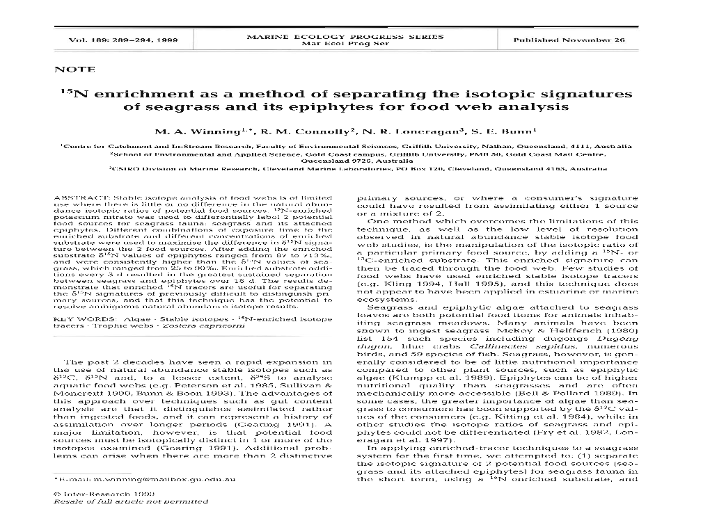 Enrichment As a Method of Separating the Isotopic Signatures of Seagrass and Its Epiphytes for Food Web Analysis