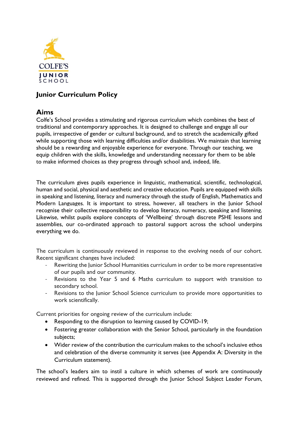 Junior Curriculum Policy Aims