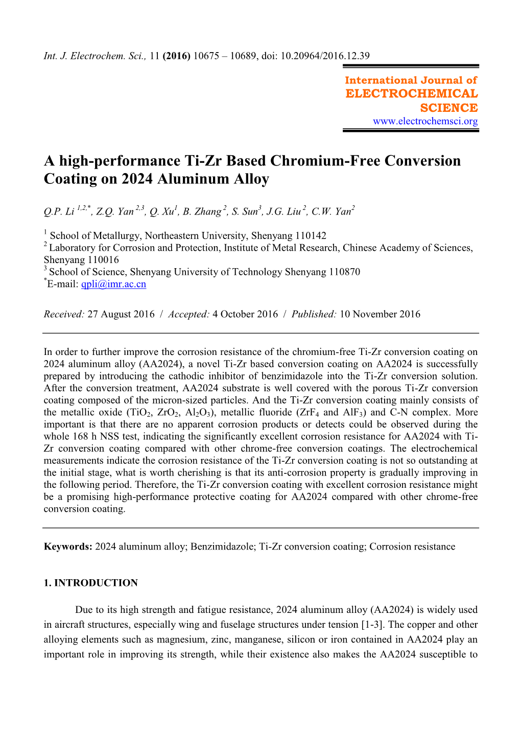 A High-Performance Ti-Zr Based Chromium-Free Conversion Coating on 2024 Aluminum Alloy