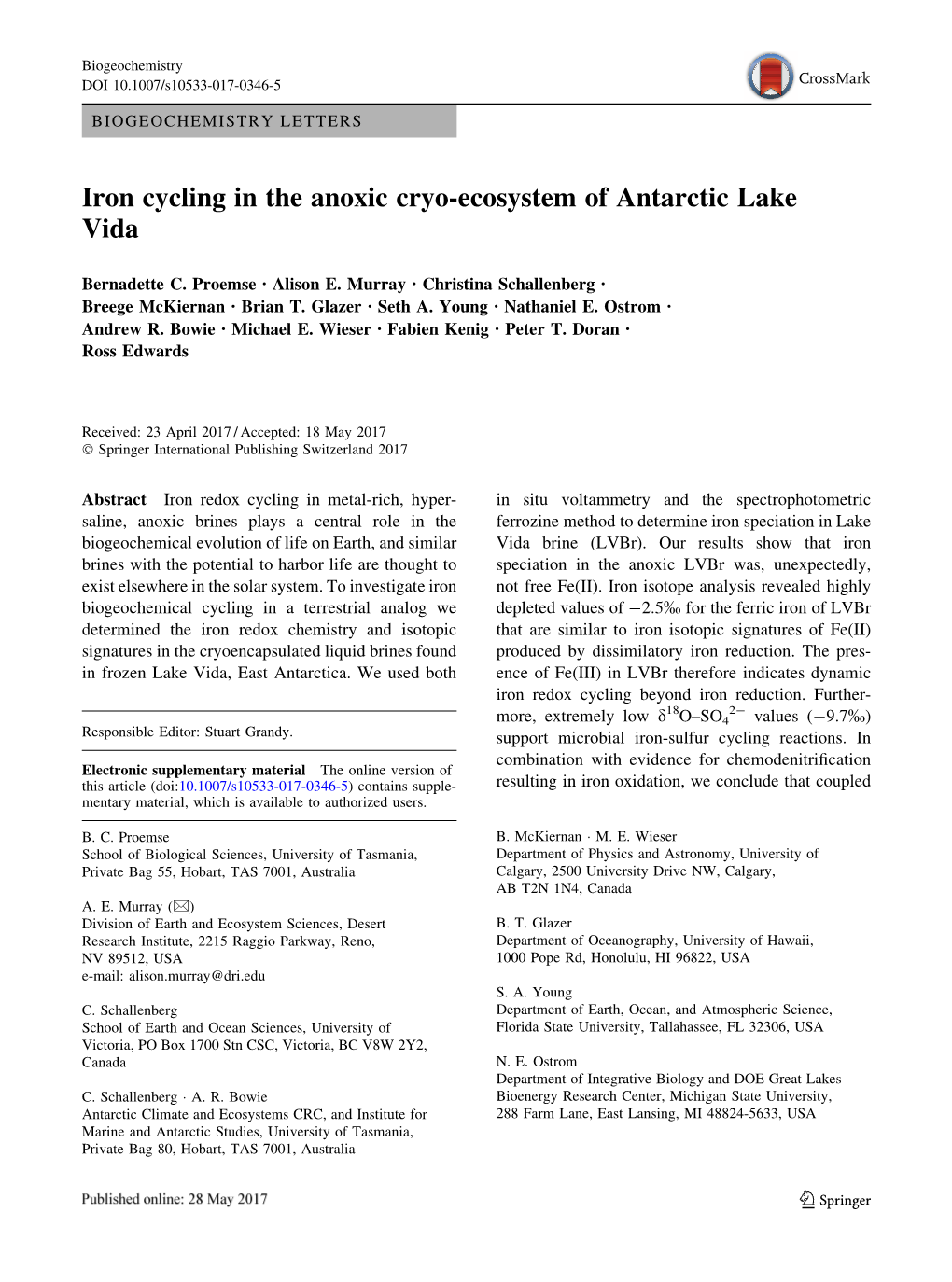 Iron Cycling in the Anoxic Cryo-Ecosystem of Antarctic Lake Vida