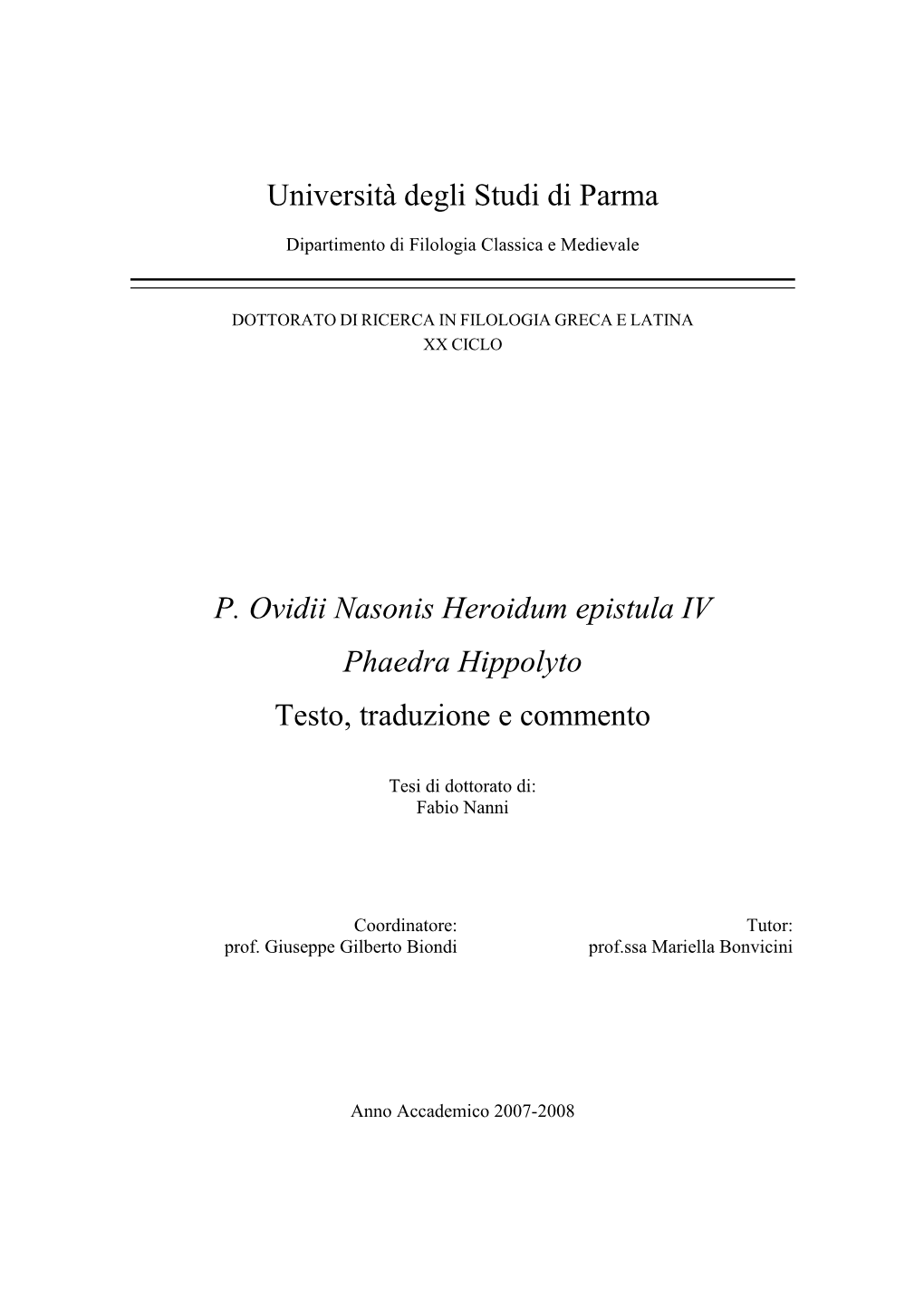 Università Degli Studi Di Parma P. Ovidii Nasonis Heroidum Epistula