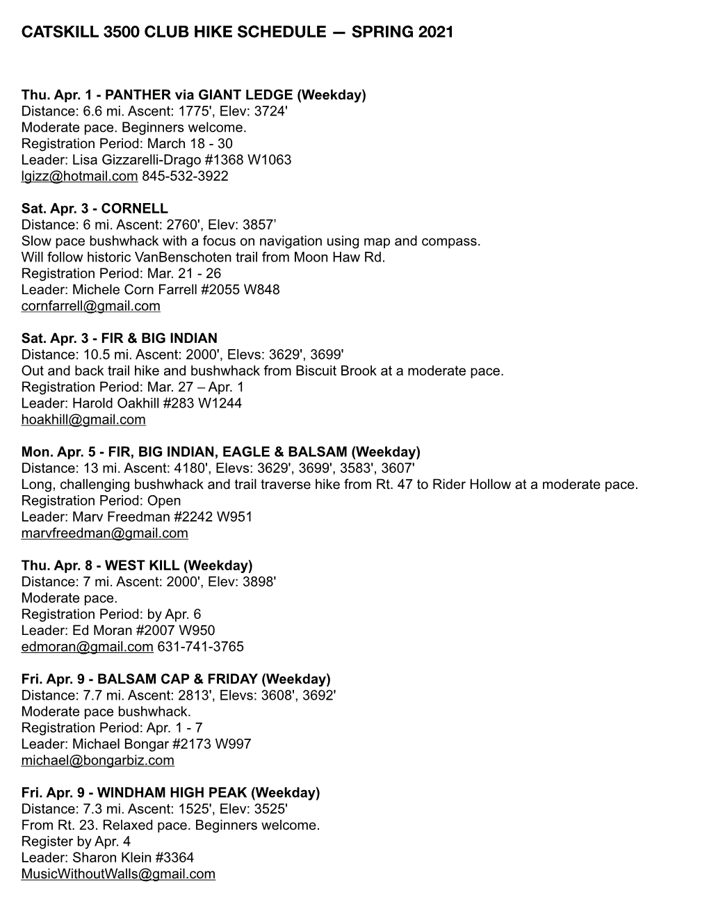 Catskill 3500 Club Hike Schedule — Spring 2021