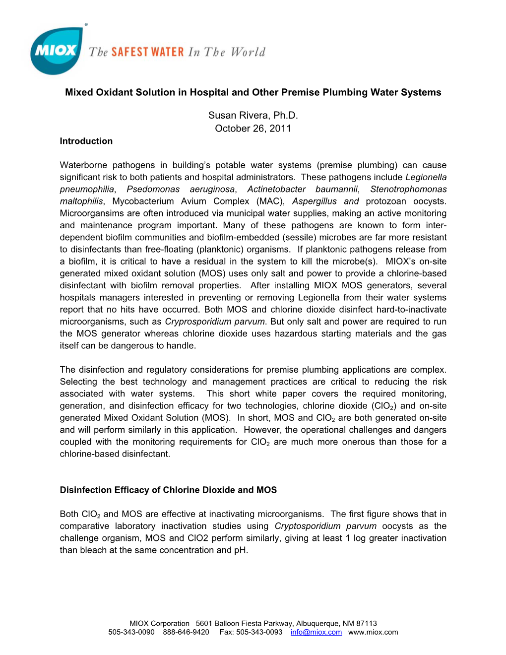 Mixed Oxidant Solution in Hospital and Other Premise Plumbing Water Systems