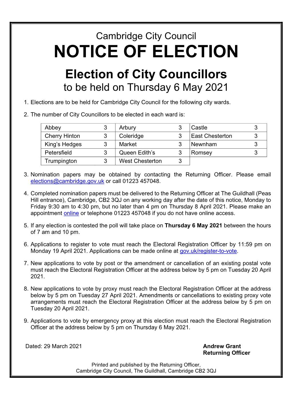 NOTICE of ELECTION Election of City Councillors to Be Held on Thursday 6 May 2021