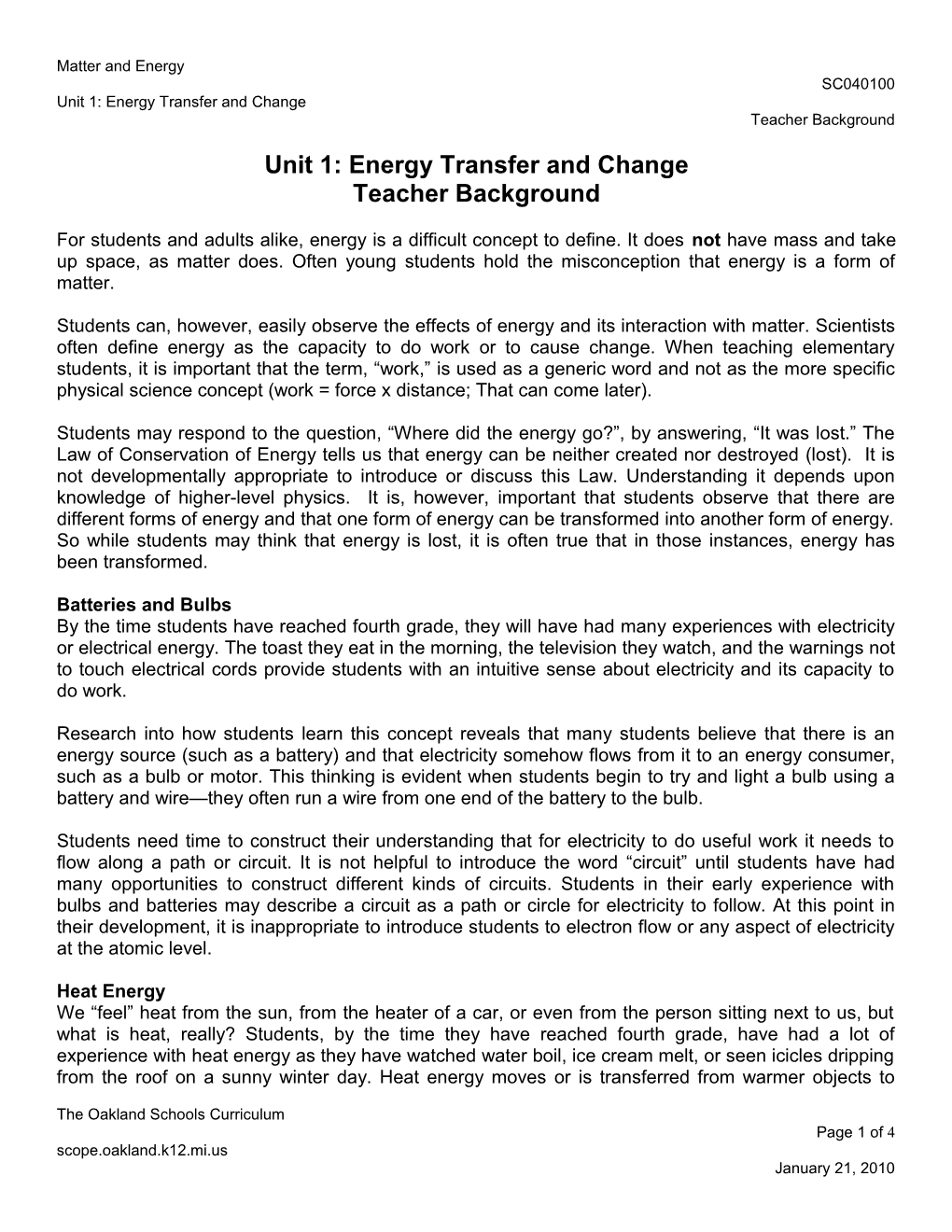 Unit 1: Energy Transfer and Change Teacher Background