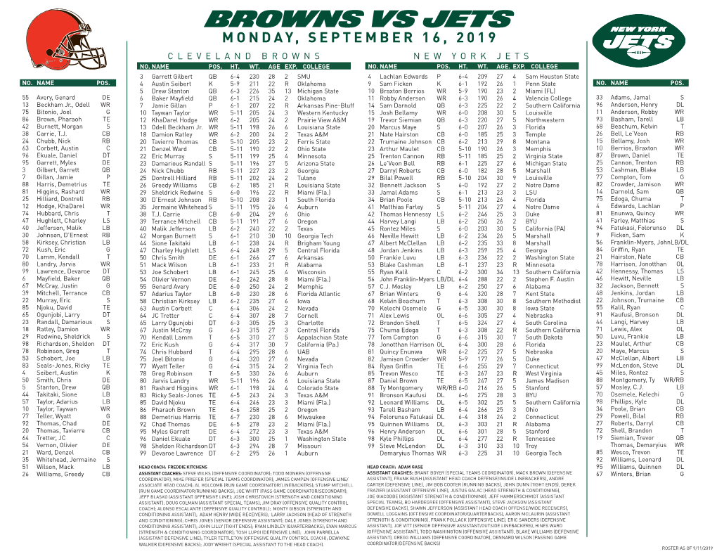 Browns Vs Jets Monday, September 16, 2019 Cleveland Browns New York Jets No