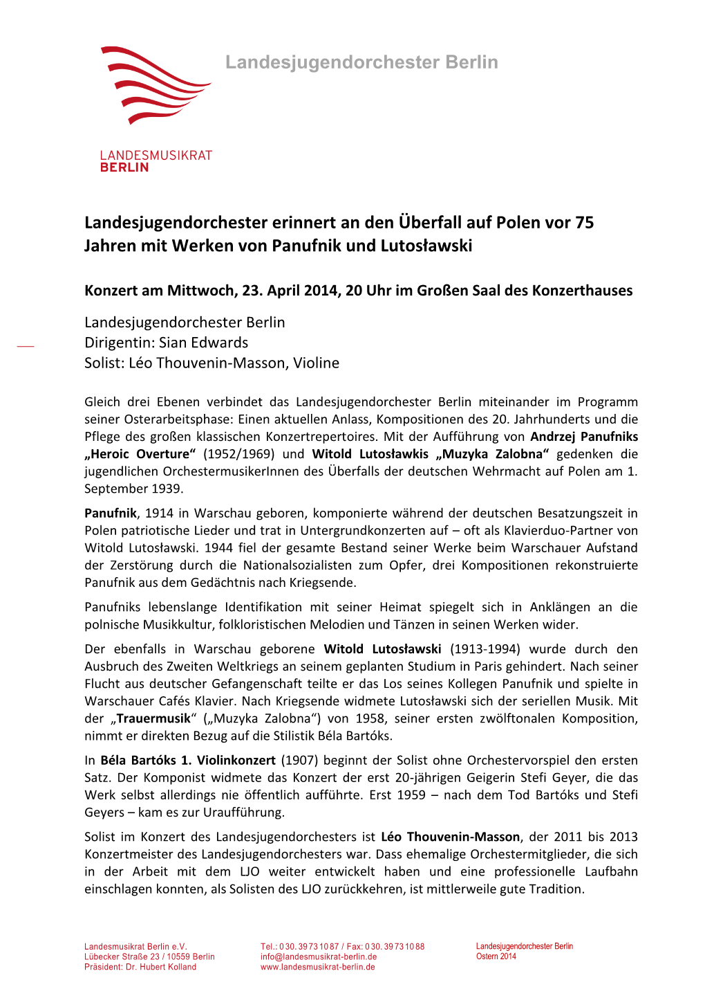 Pressetext Zum LJO-Konzert Am 23. April 2014