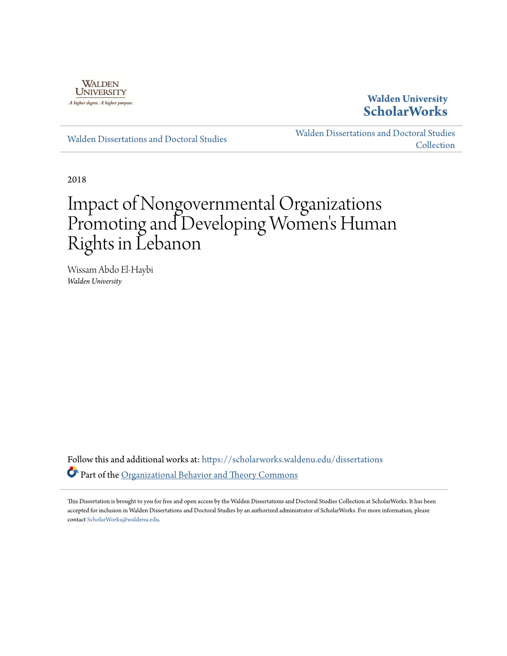 Impact of Nongovernmental Organizations Promoting and Developing Women's Human Rights in Lebanon Wissam Abdo El-Haybi Walden University