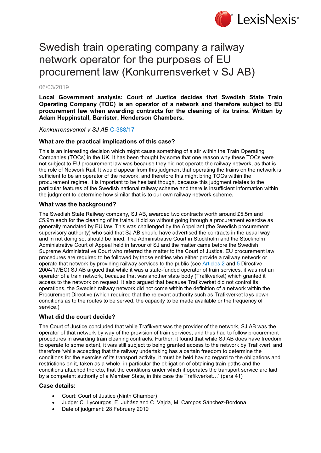 Swedish Train Operating Company a Railway Network Operator for the Purposes of EU Procurement Law (Konkurrensverket V SJ AB)