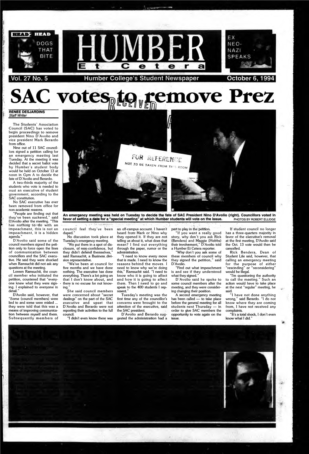 Number College S Student Newspaper Octobers, 1994 SAC RENEE DESJARDINS Staff Writer