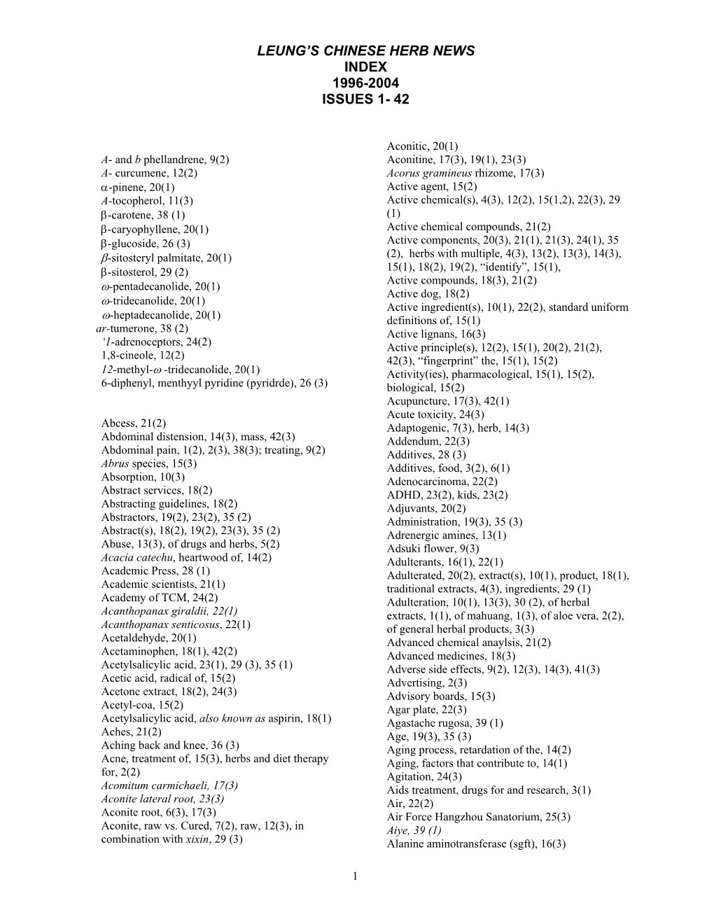 Leung's Chinese Herb News Index 1996-2004 Issues 1- 42