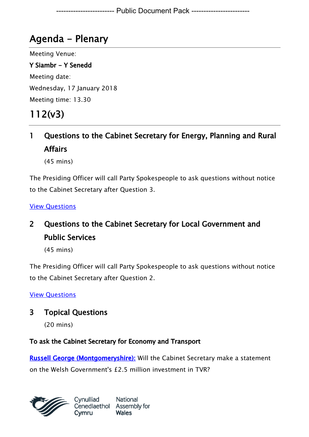 (Public Pack)Agenda Document for Plenary, 17/01/2018 13:30