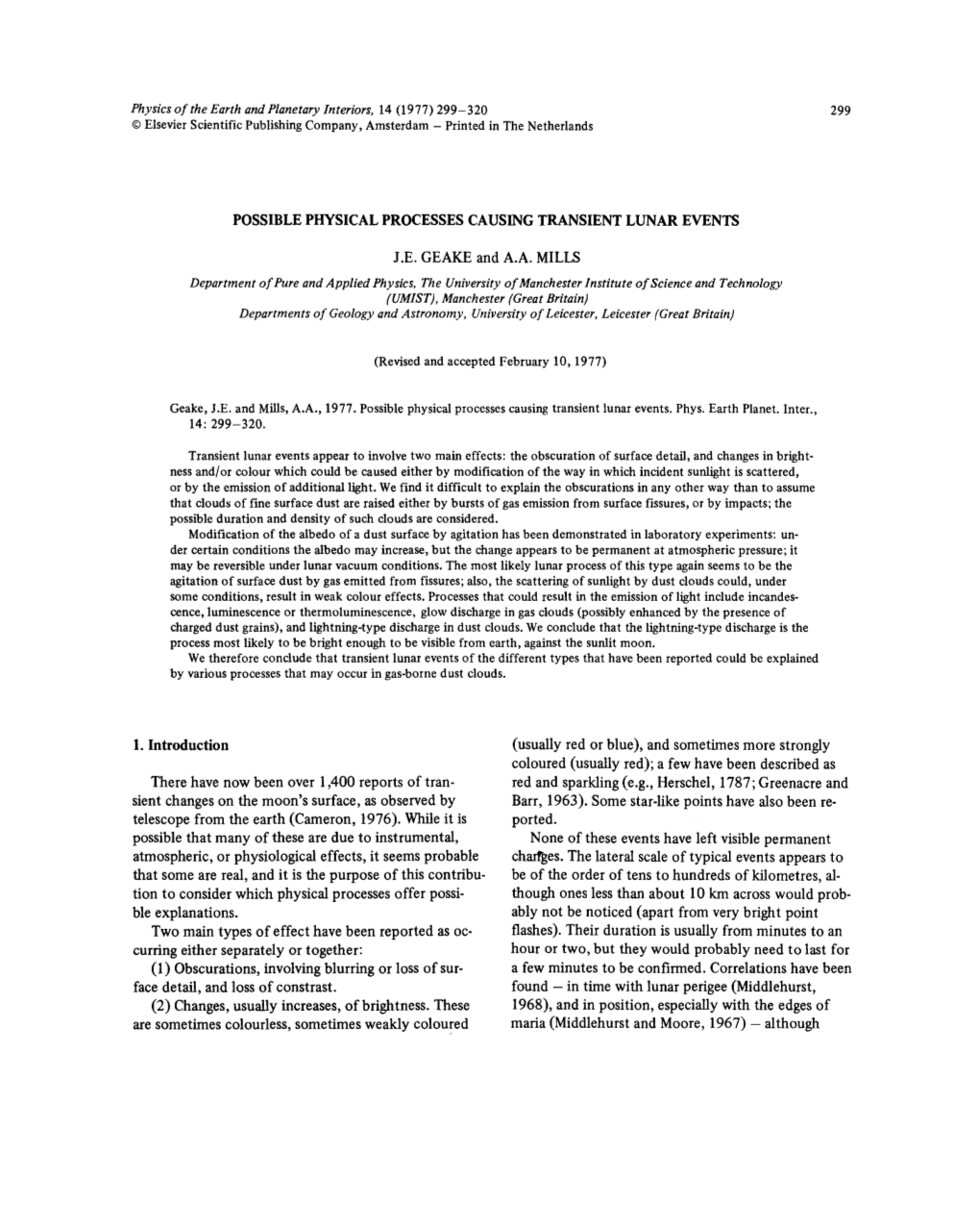 'Possible Physical Processes Causing Transient Lunar Events' (1977)