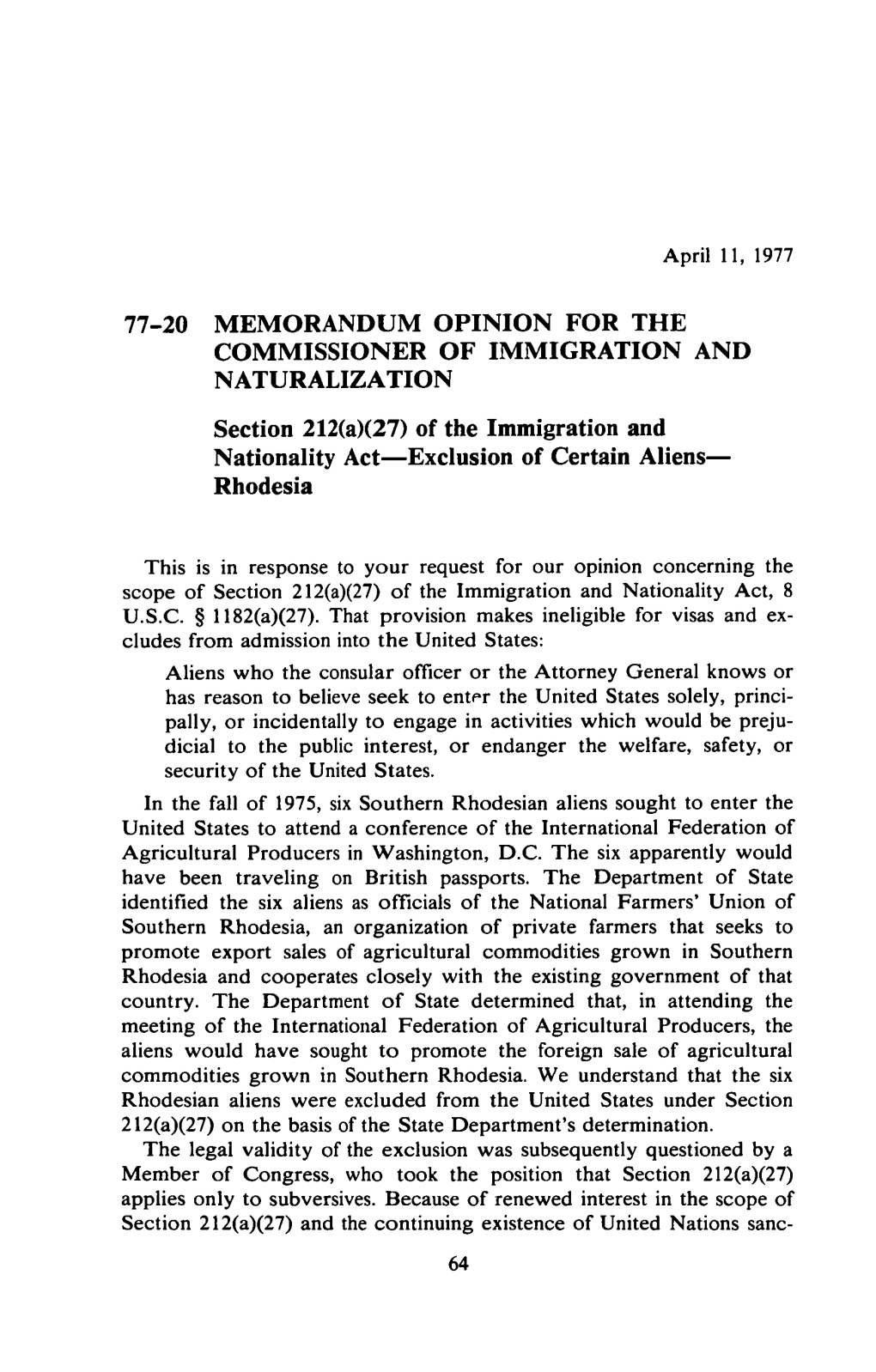 Of the Immigration and Nationality Act—Exclusion of Certain Aliens— Rhodesia